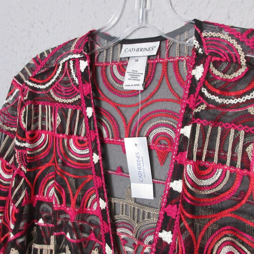 Catherines Kimono 1X Embroidered Mesh Longline Geometric Artsy Cover Up Boho NWT